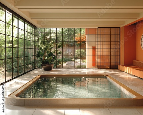 Indoor Pool with Asian Aesthetic, Light Wood Flooring, Floor-to-ceiling Windows, Natural Light, Potted Plant Seating Area, for Wellness, Relaxation, Upscale Living Spaces
