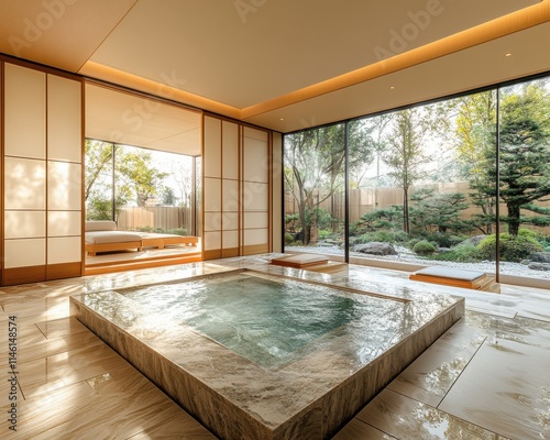 Indoor Swimming Pool Area, Minimalist Decor, Natural Light, Lush Greenery, Skylight,  Architecture, for High-End Property Marketing