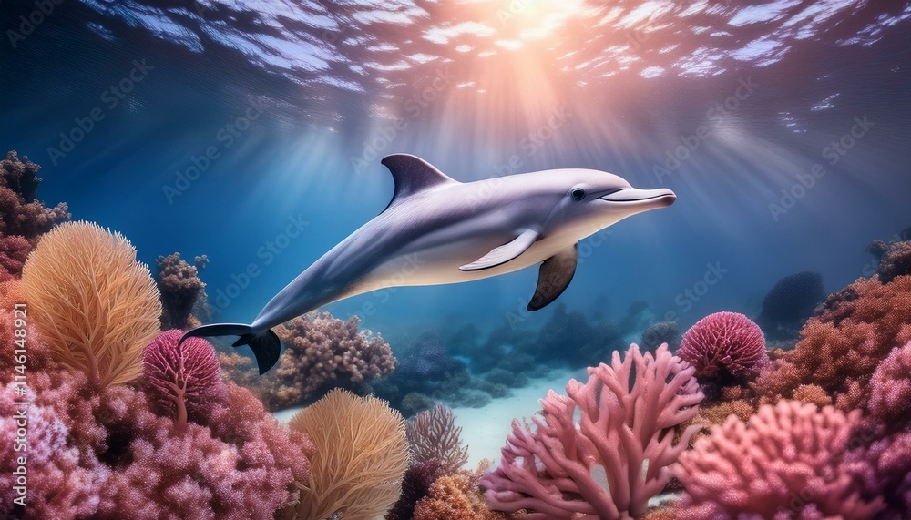 Fototapeta premium Vibrant Dolphin Swimming in a Colorful Coral Reef Paradise