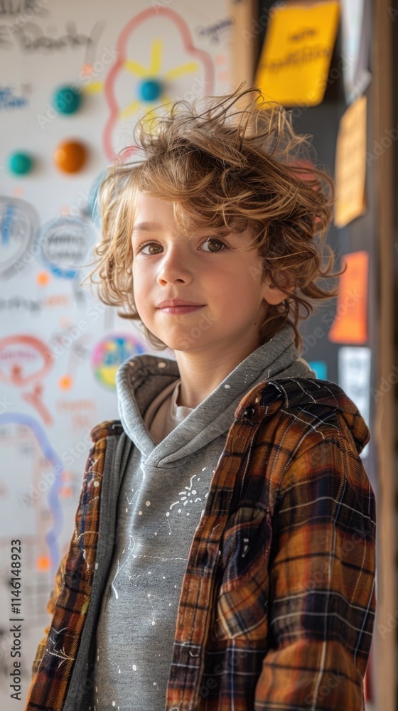 Blond boy with messy hair standing in front of a wall with drawings, portrait Blond boy with messy hair standing in front of a wall with drawings, portrait