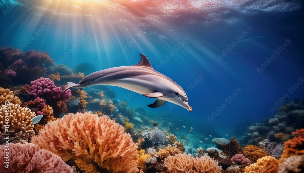 Fototapeta premium Vibrant Dolphin Swimming in a Colorful Coral Reef Paradise