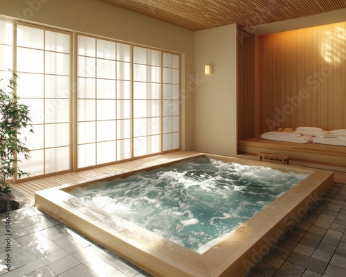  Indoor Swimming Pool with Large Soaking Tub and Living Room, Natural Wood Elements, Neutral Color Palette