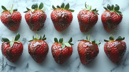 Plump strawberries dipped in chocolate on a marble background