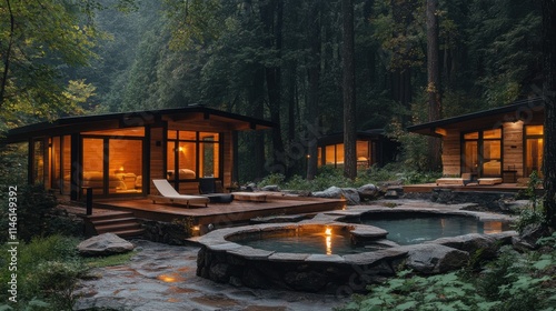 Upscale  Residential Property, Contemporary Architecture with Wooden Cabinets and Sleek Lines, Forested Setting, Stone Patio and Hot Tub