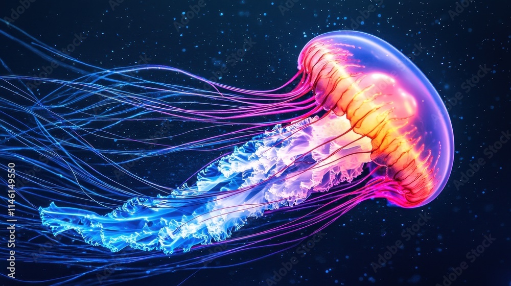 Fototapeta premium Neon pink, purple, and blue jellyfish with colorful tentacles in a starry background