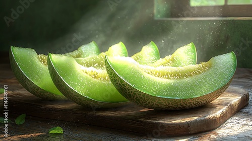 Ultra-detailed honeydew melon slices with smooth green flesh and subtle highlights on a wooden board photo