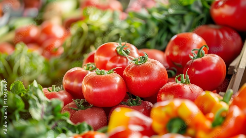 Fresh ripe tomatoes and green vegetables at a market stall Fresh ripe tomatoes and green vegetables at a market stall