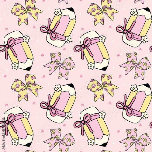 Cute Coquette Pencil Back to School Seamless Pattern Groovy School Supplies Hand Drawn isolated on background