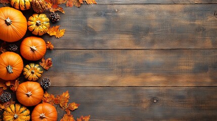 Autumn corner border banner with pumpkins and fall decorations on rustic wood background, ideal for seasonal designs and copy space