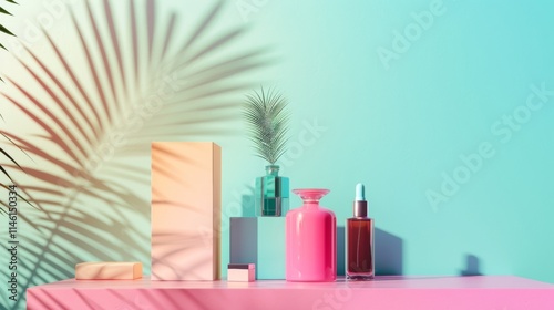 Modern beauty and skincare products with tropical decor on pastel background