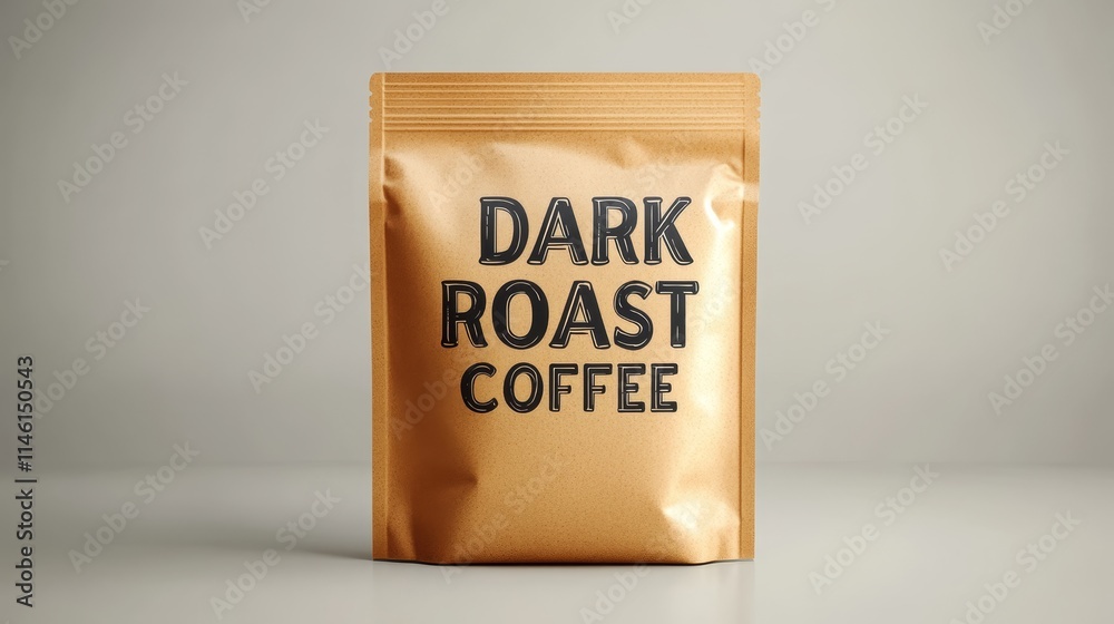 Dark Roast Coffee in Kraft Paper Pouch on Gray Background, Minimalist Coffee Packaging Mockup Dark Roast Coffee in Kraft Paper Pouch on Gray Background, Minimalist Coffee Packaging Mockup
