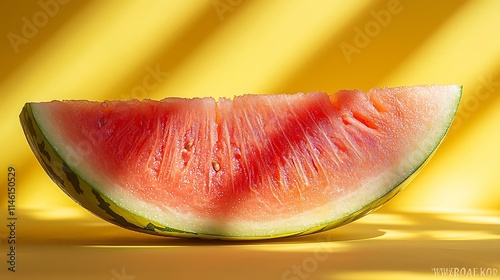 Ultra-realistic 8K sliced watermelon with sharp details and contrasting green rinds on a bright yellow background photo