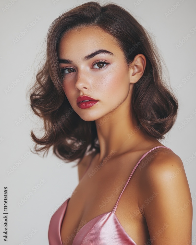 A fashion-forward brunette woman with wavy, silky hair, radiant makeup, and a pink dress, captured in high-quality resolution with a neutral grey background, highlighting her graceful pose and beauty A fashion-forward brunette woman with wavy, silky hair, radiant makeup, and a pink dress, captured in high-quality resolution with a neutral grey background, highlighting her graceful pose and beauty