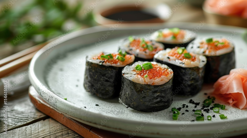 Sushi rolls on a plate with chopsticks on the side, food background Sushi rolls on a plate with chopsticks on the side, food background