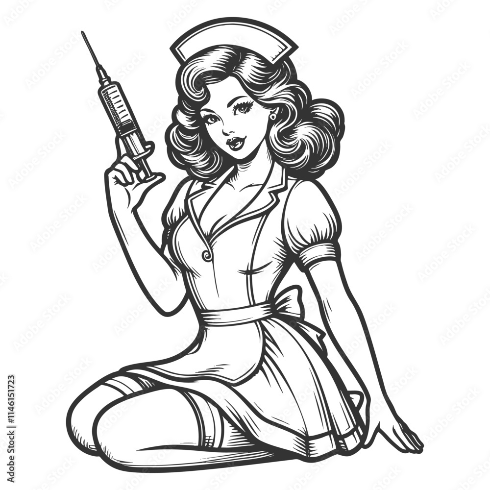 nurse with an eye patch holding syringe and medicine bottle vintage healthcare sketch engraving generative ai fictional character vector illustration. Scratch board imitation. Black and white image. nurse with an eye patch holding syringe and medicine bottle vintage healthcare sketch engraving generative ai fictional character vector illustration. Scratch board imitation. Black and white image.