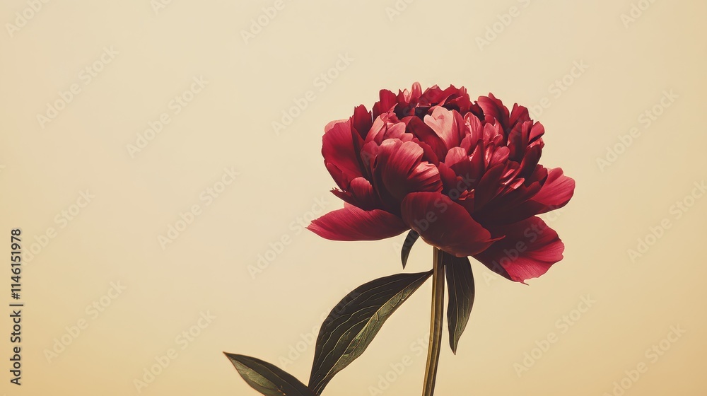 A solitary deep red peony isolated against a muted gold background, close-up shot, Minimalist style A solitary deep red peony isolated against a muted gold background, close-up shot, Minimalist style