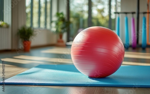 Red Exercise Ball, Gym Equipment, Fitness Studio, Workout Mat
