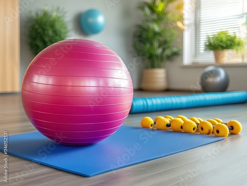 Large Exercise Ball, Multiple Smaller Exercise Balls,  Fitness Studio for Commercial Use in Health and Wellness, Gym, or Fitness Apparel
