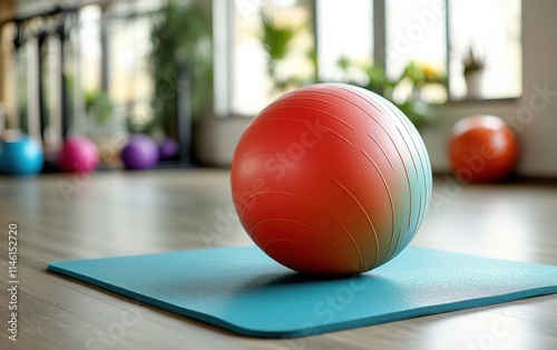 Exercise Ball, Colorful Gym Equipment, Yoga Mats, Natural Light,  Fitness Room