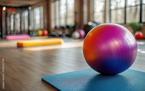 Large Colorful Exercise Ball, Purple, Pink, Orange, Yellow, Green, Blue, Red in  Gym with Natural Light and Yoga Mats, for Fitness Routine