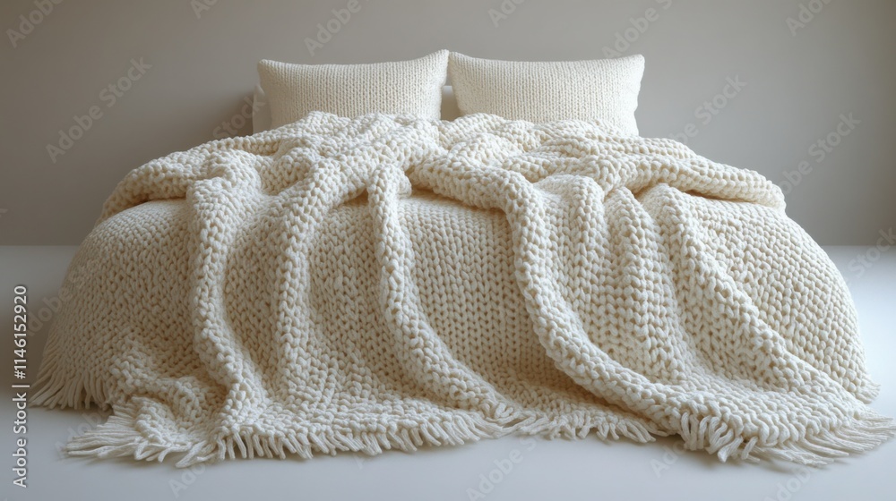 Cozy cream knitted throw blanket on bed. Cozy cream knitted throw blanket on bed.