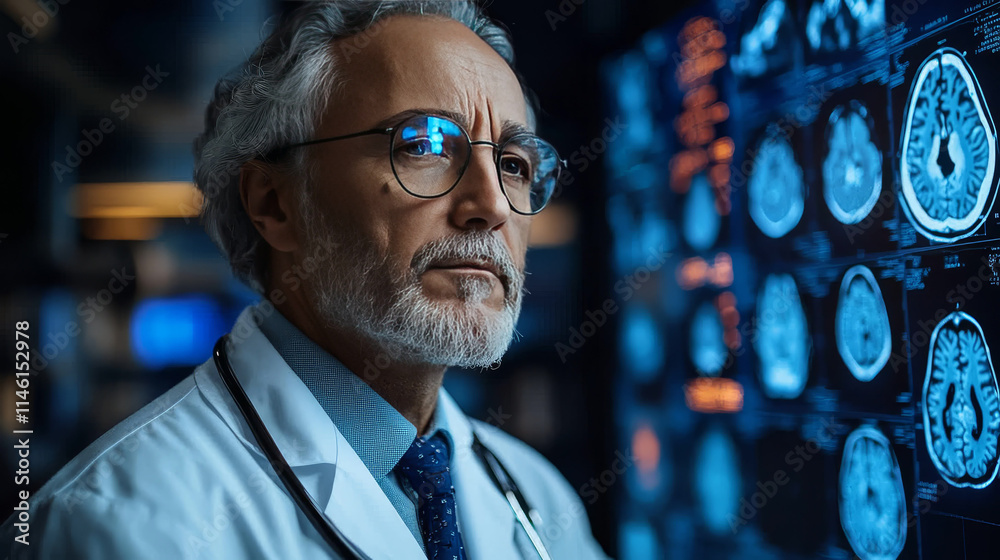 The surgeon in the operating room carefully examines the images on a large computer monitor. Several MRI scans of the brain are visible on the screen. 