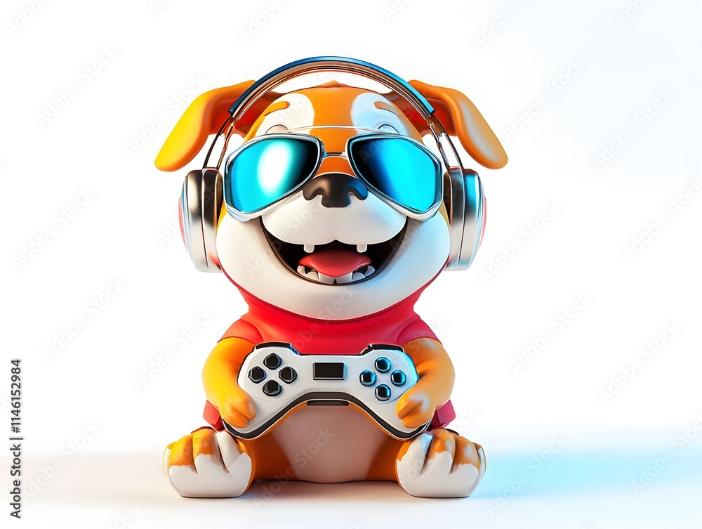 Naklejka premium Cool dog wearing sleek headphones and holding a gaming controller