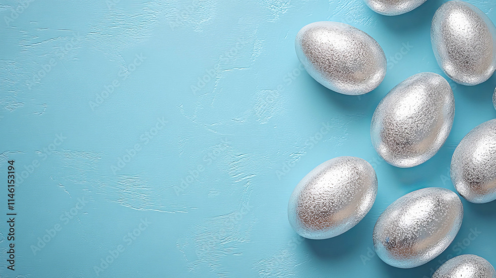 Several silvery eggs scattered over a pale blue textured background have a rough, metallic surface. Space for text. Easter. Several silvery eggs scattered over a pale blue textured background have a rough, metallic surface. Space for text. Easter.