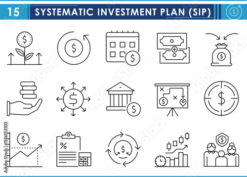 A set of line icons related to Systematic Investment Plan. SIP, investment, discipline, regular savings, flexibility, contribution, planning, future investment, and so on. Vector editable stroke.