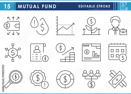 A set of line icons related to Mutual Fund. Invest, growth, liquidity, manager, return, growth fund, portfolio, SIP, NAV, and so on. Vector editable stroke.