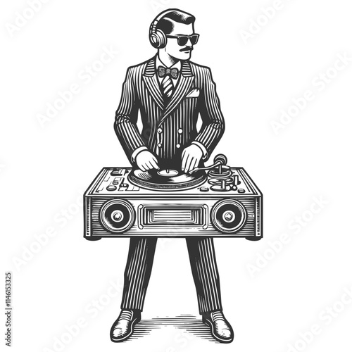 DJ playing vinyl on a turntable, featuring classic attire and headphones sketch engraving generative ai fictional character vector illustration. Scratch board imitation. Black and white image.