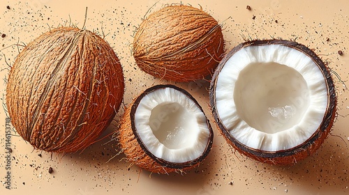 Best-quality 8K whole coconuts and one half exposing white meat on a neutral brown background photo