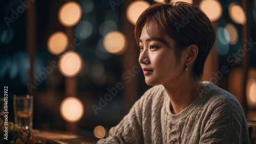 Beautiful young Asian woman with short hair at a table in a restaurant. Soft beige light, side view.