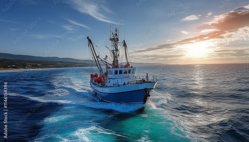 Commercial Fishing Boat at Sea Golden Hour Offshore Adventure, Tranquility and Bounty Commercial Fishing Boat at Sea Golden Hour Offshore Adventure, Tranquility and Bounty