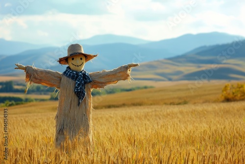 A cheerful scarecrow stands in a vibrant golden wheat field, set against a backdrop of distant mountains under a clear sky, celebrating harvest and country life symbolically. photo