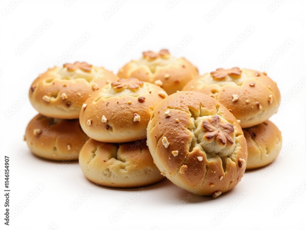 Fototapeta premium Small round sweet breads decorated with star shaped cuts and toppings piled on white background