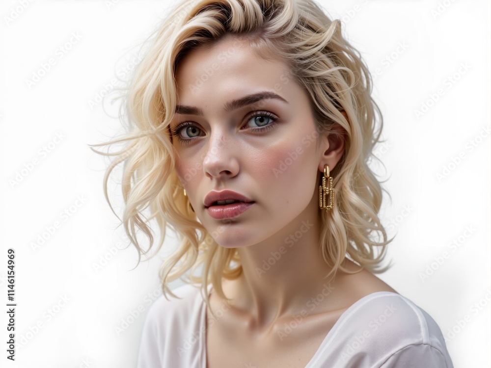Blonde model posing with gold earrings and wavy hair on white background Blonde model posing with gold earrings and wavy hair on white background