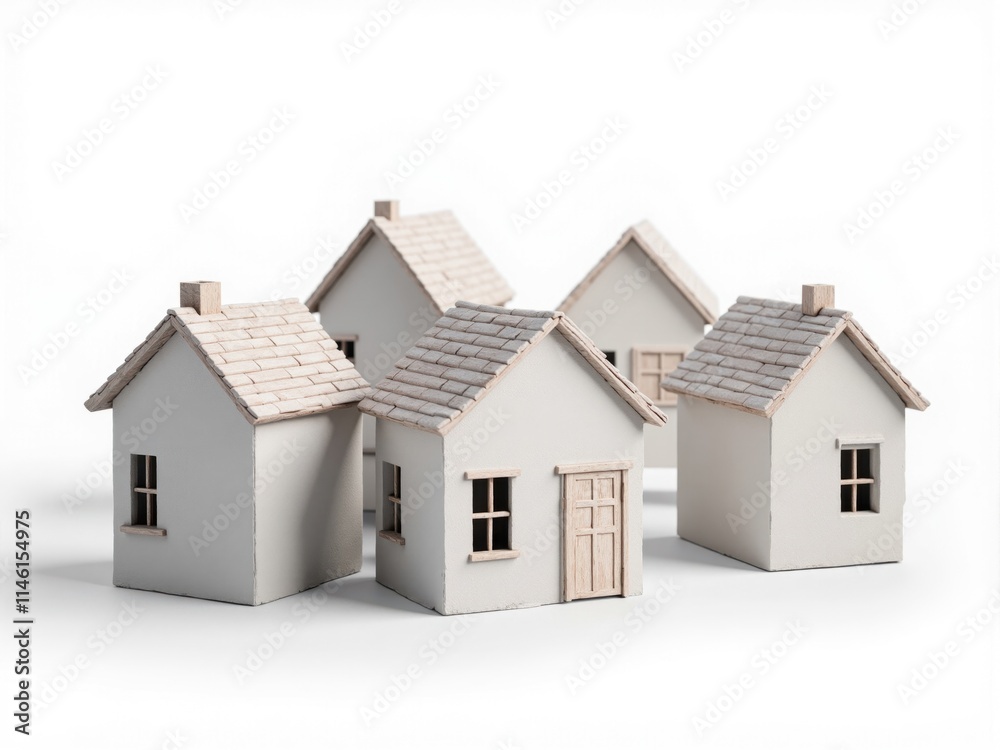 Five miniature houses representing real estate investment and community living Five miniature houses representing real estate investment and community living