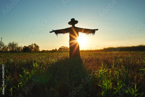 A captivating silhouetted scarecrow stands in a vast field, arms wide open to embrace the warm and glowing sunset, capturing the essence of solitude and eternity. photo