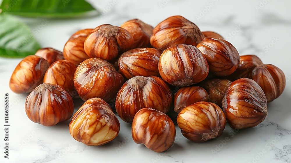 High-definition 8K brown chestnuts with rough shells and polished edges on a soft gray background High-definition 8K brown chestnuts with rough shells and polished edges on a soft gray background