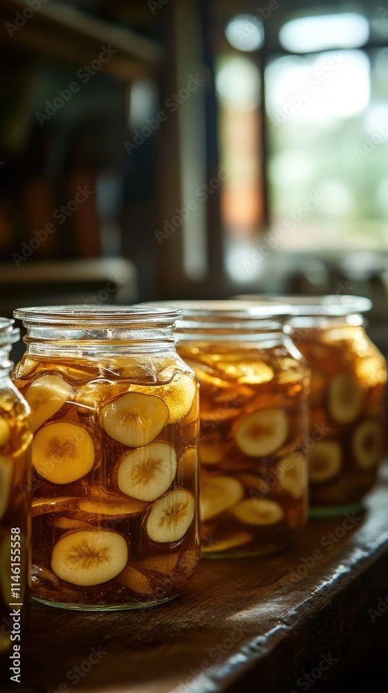 Golden Jars of Preserved Fruit: A Rustic Still Life Golden Jars of Preserved Fruit: A Rustic Still Life