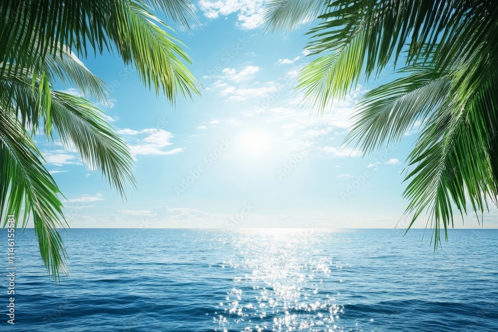 Fototapeta premium A serene view of the ocean with the sun shining brightly, framed by lush palm leaves, perfect for a peaceful and tropical escape mood. Ideal for relaxation-themed projects.