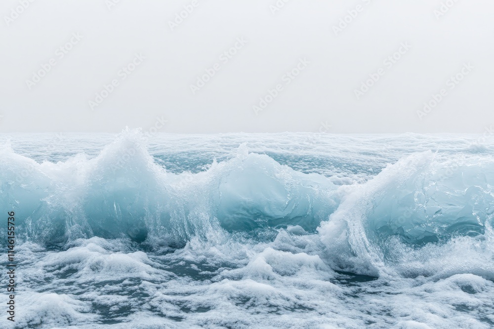 Fototapeta premium A mesmerizing scene showcasing frozen waves in the ocean captured in stunning icy blue hues, evoking feelings of tranquility, power, and the majesty of nature.