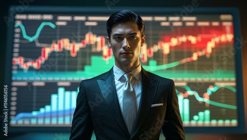 The businessman is in a bad mood, in the office against the background of the stock market index and charts. The collapse of stock exchanges and the economy