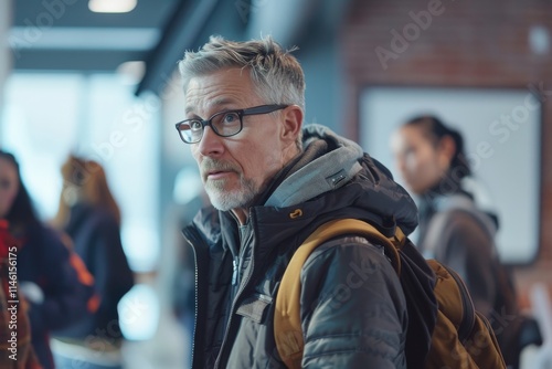 Portrait of senior man with backpack looking at camera while standing in airport