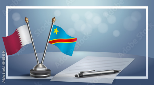 Qatar and Congo National flags on small table with bokeh background, cooperative relationship