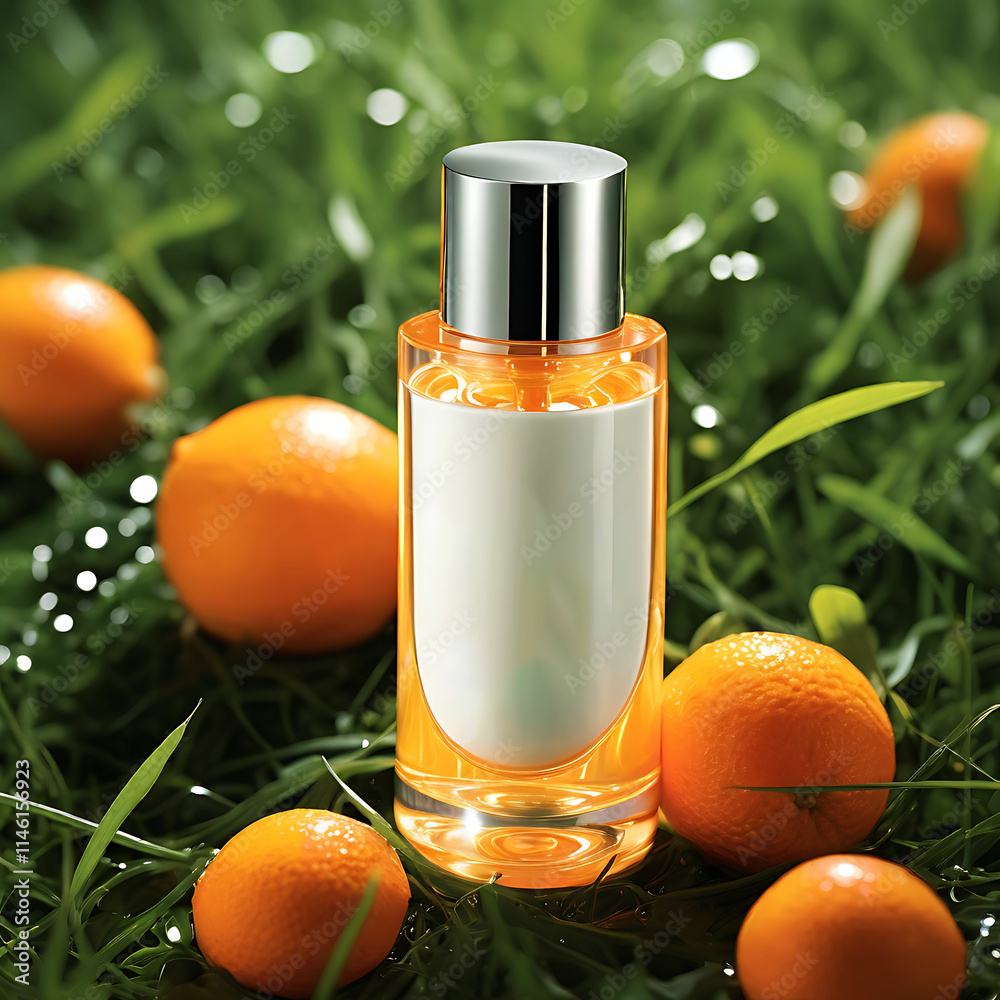 Orange cosmetic bottle in water product mockup design. Orange cosmetic bottle in water product mockup design.