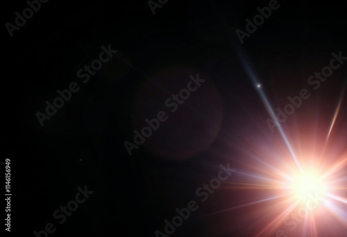 Lens Flare glowing streak overlay, Optical radiant design on black, Bright light effects