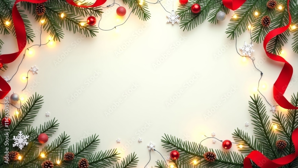 Christmas frame with fir branches, ornaments, and fairy lights creating festive mood Christmas frame with fir branches, ornaments, and fairy lights creating festive mood