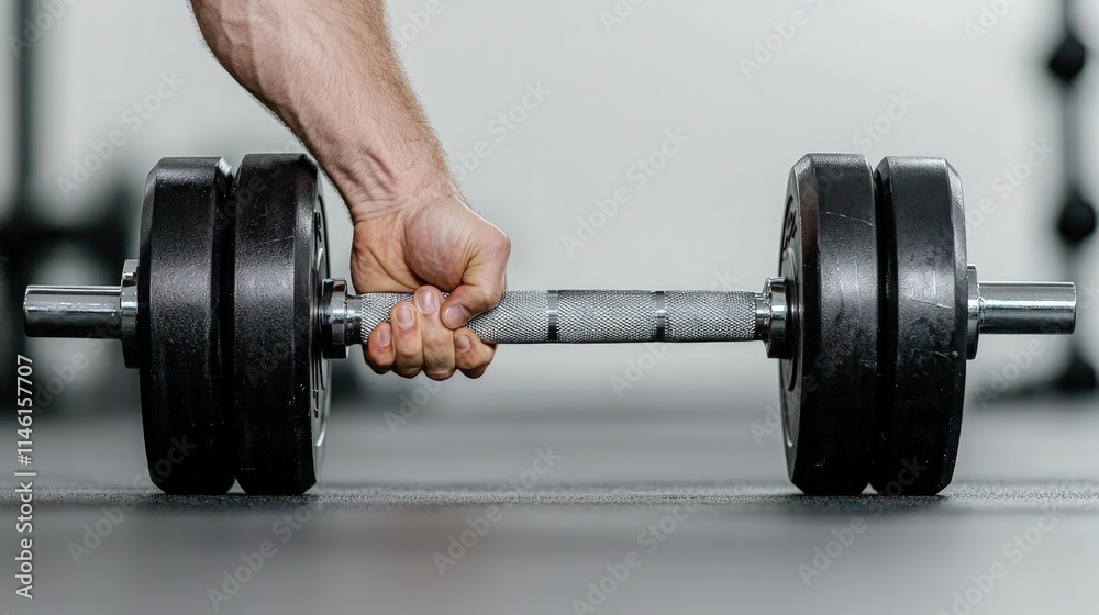 Naklejka premium Close-up of a strong hand gripping a heavy dumbbell.